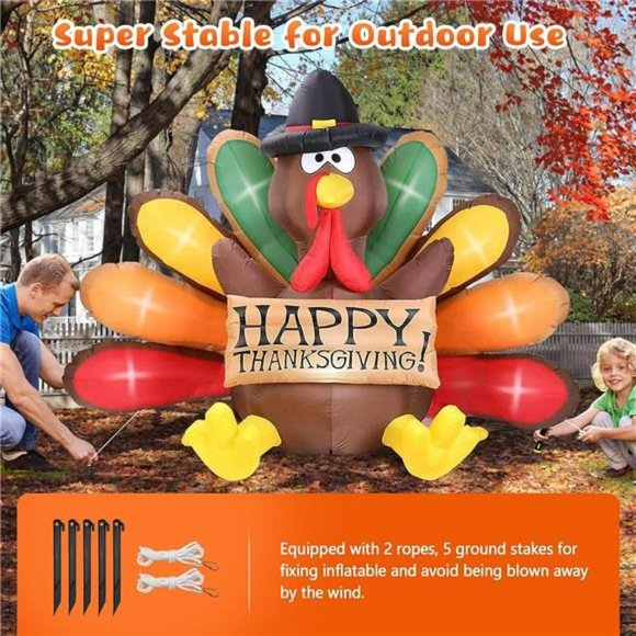 6FT Thanksgiving Inflatables Turkey Decor w/ Pilgrim Hat & Colorful Tail, LEDs - Picture 5 of 6
